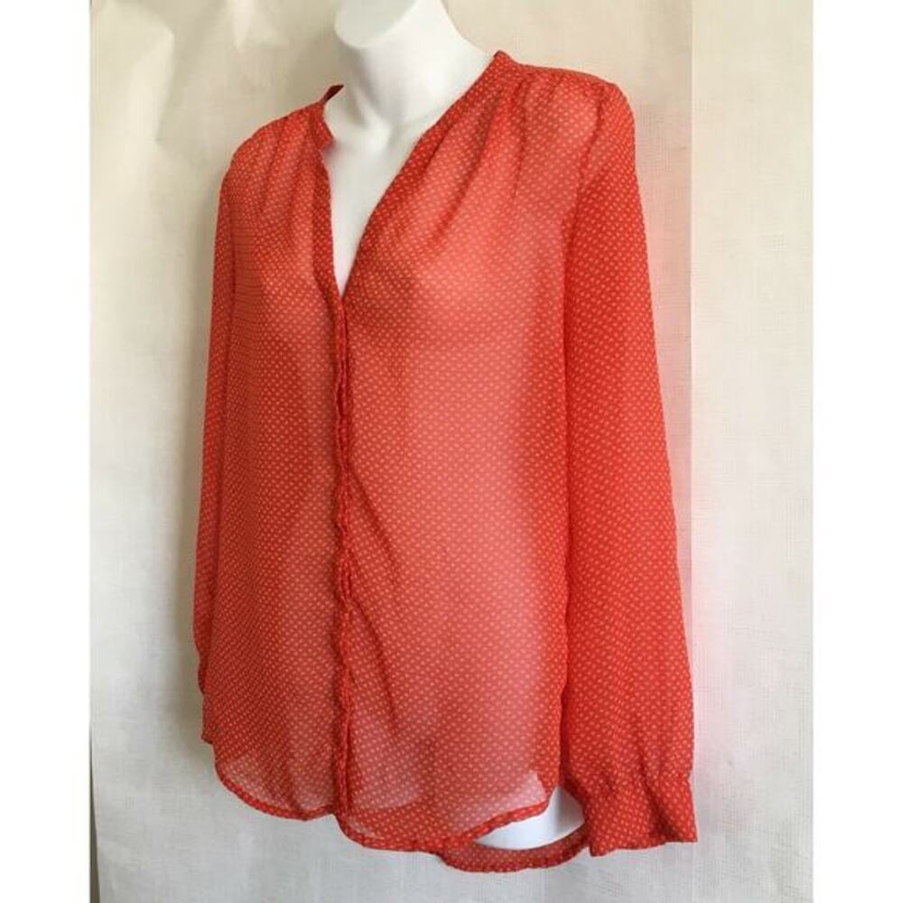 Old Navy Women's Size Sp Red/Beige Sheer Floral Geo. Hi-Lo Long Sleeved Blouse - Picture 4 of 10
